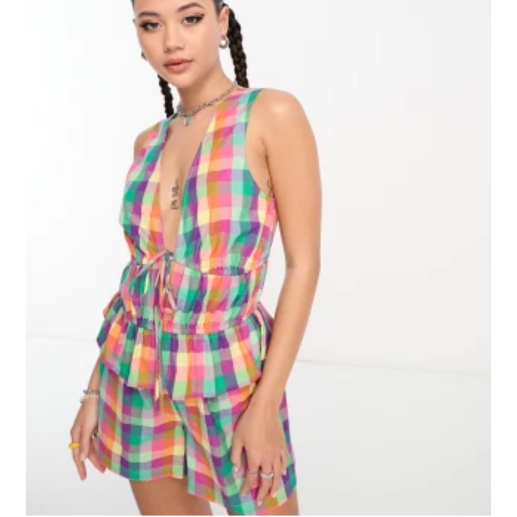 Colorful Plaid Sleeveless Two Piece Shorts And Top